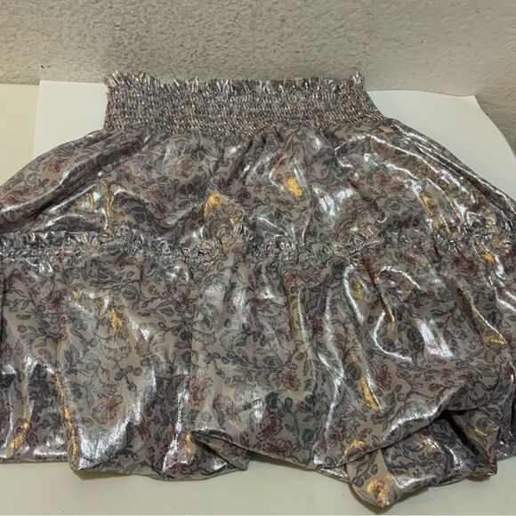 FREE PEOPLE Metallic Shiny Silver & Lavender Combo Floral Bubble Mini Skirt - Picture 2 of 12